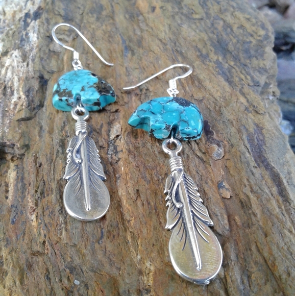 Sterling Silver Turquoise Bear Feather Earrings - Picture 5 of 7